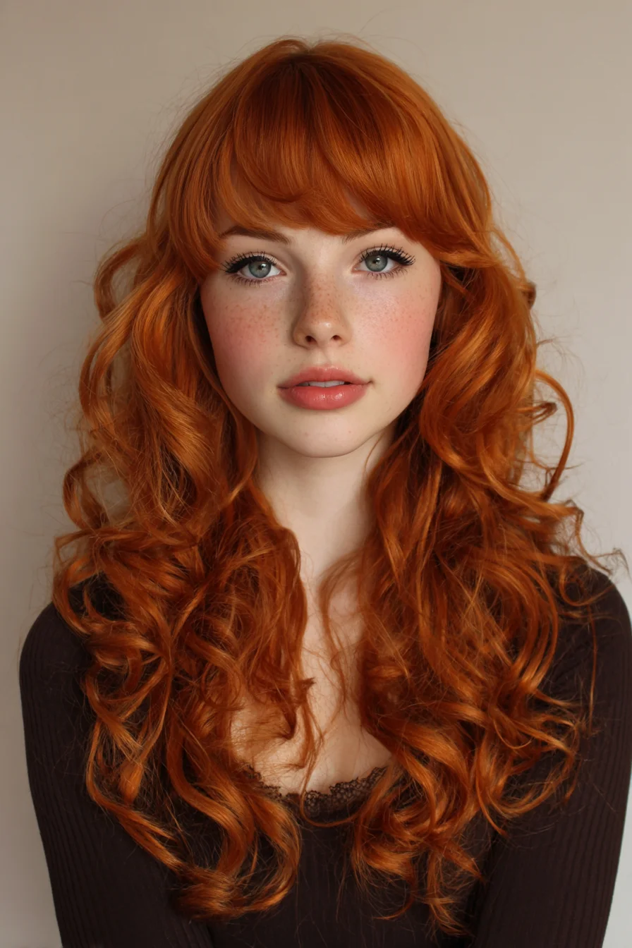 Long Layered Copper Curls with Wispy Fringe