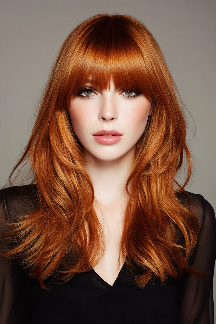 Long Layered Copper Hair with Full Blunt Fringe