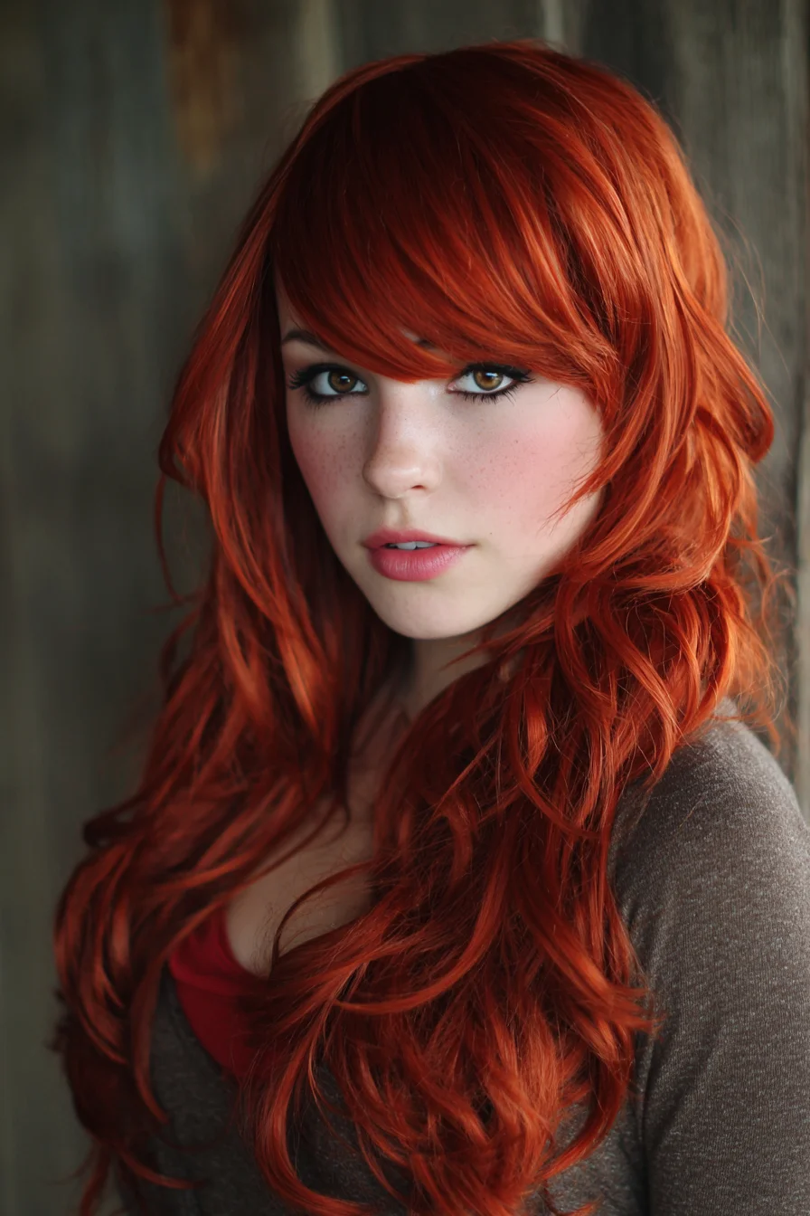 Long Layered Copper-Red Waves with Side-Swept Fringe