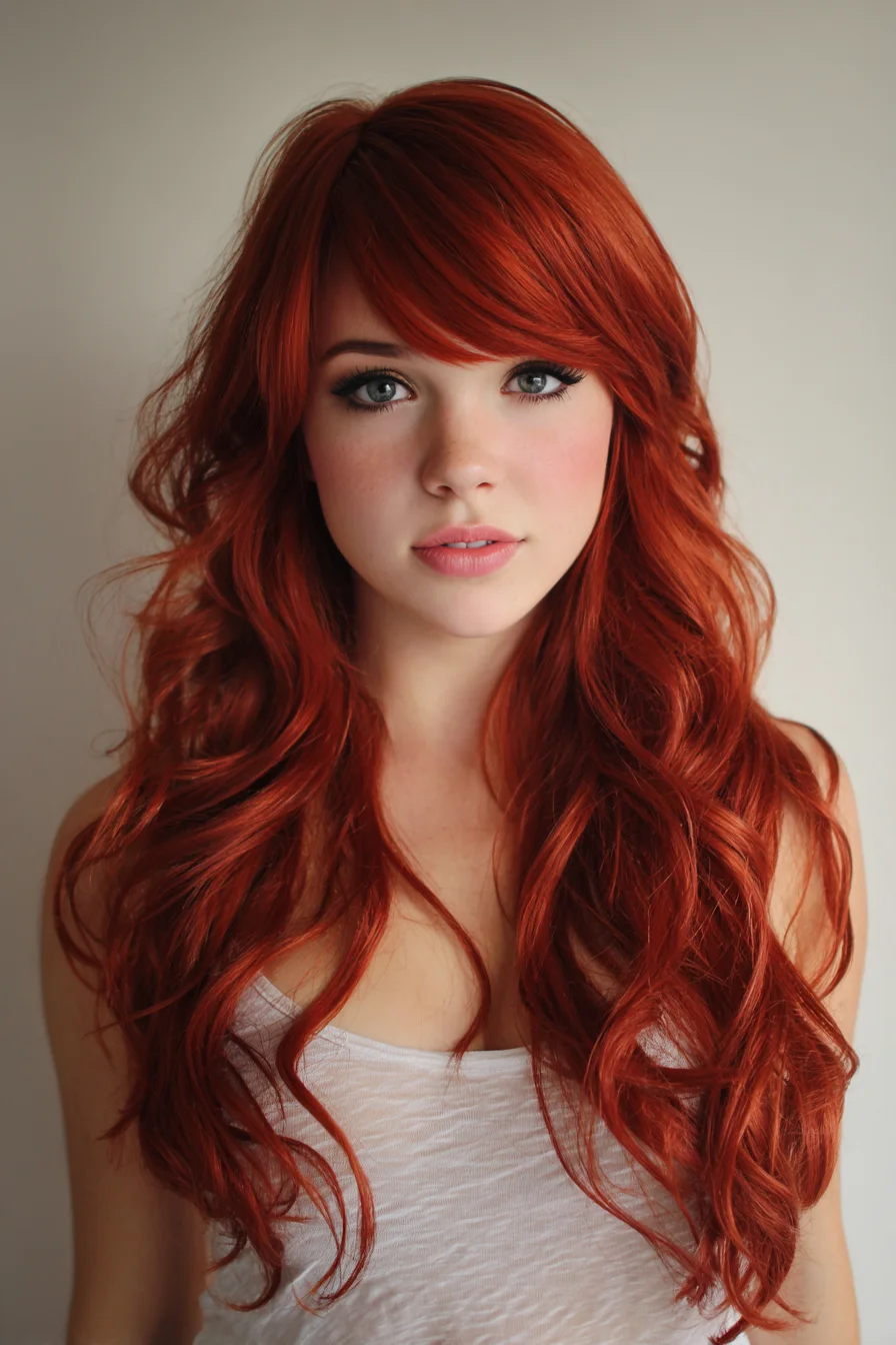 Long Layered Copper Waves with Side‑Swept Bangs