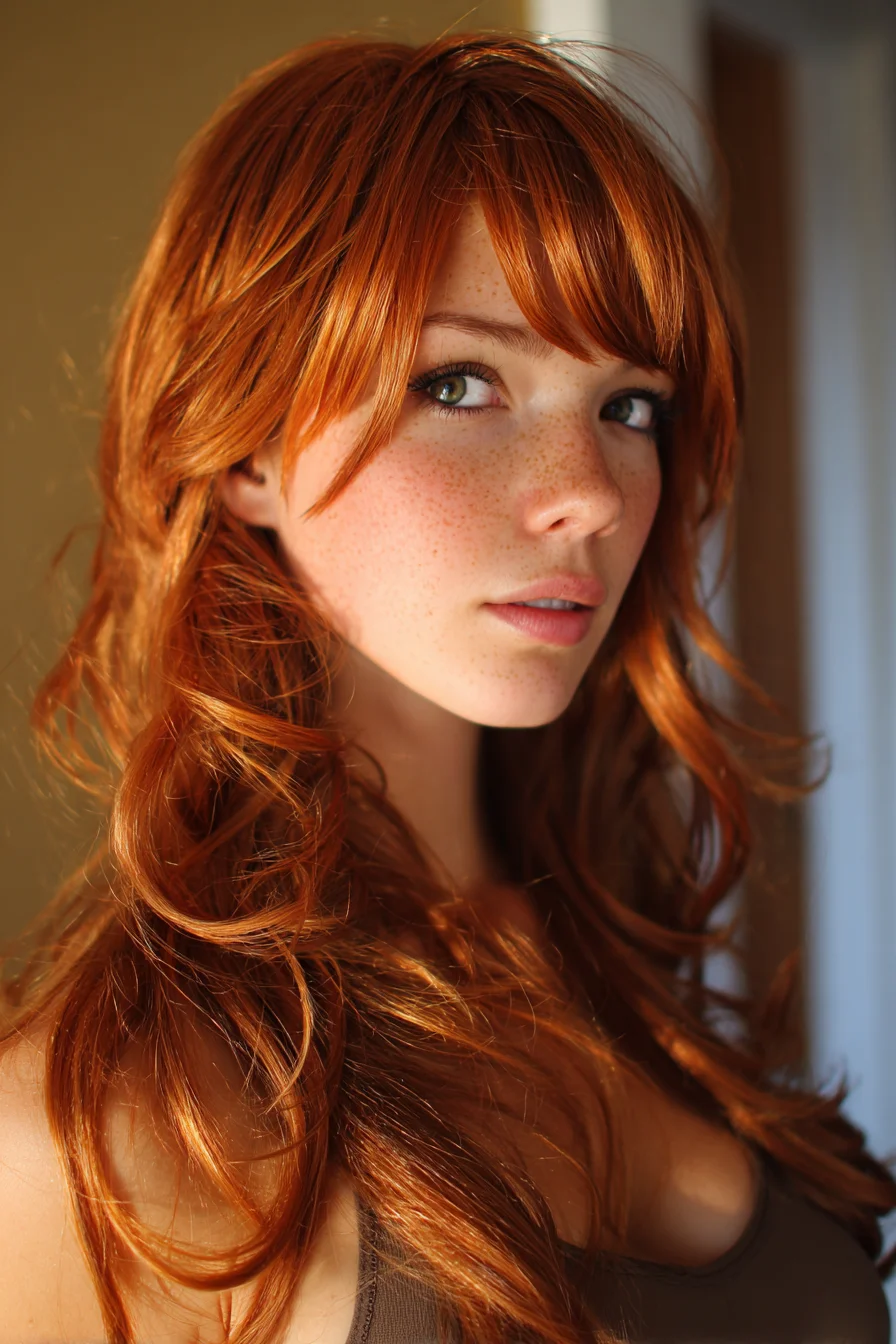 Long Layered Copper Waves with Side-Swept Curtain Bangs