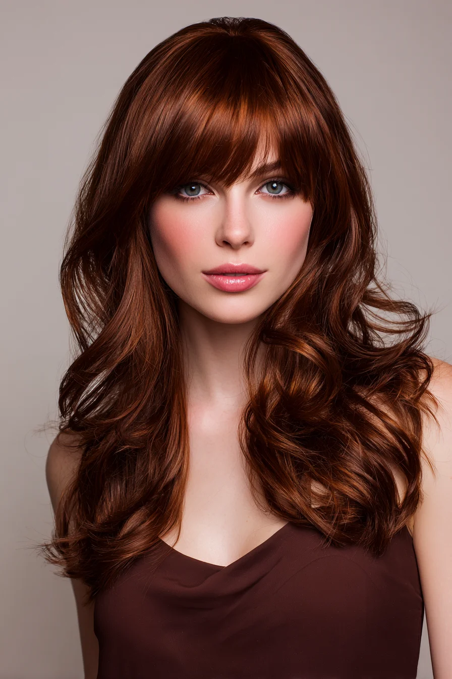 Long Layered Copper Waves with Soft Blunt Fringe