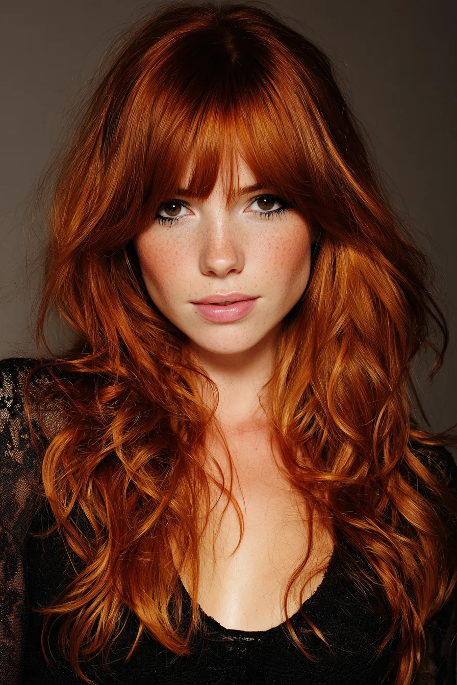 Long Layered Copper Waves with Soft Curtain Bangs