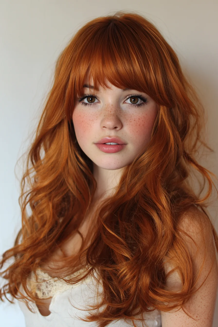 Long Layered Copper Waves with Soft Wispy Fringe