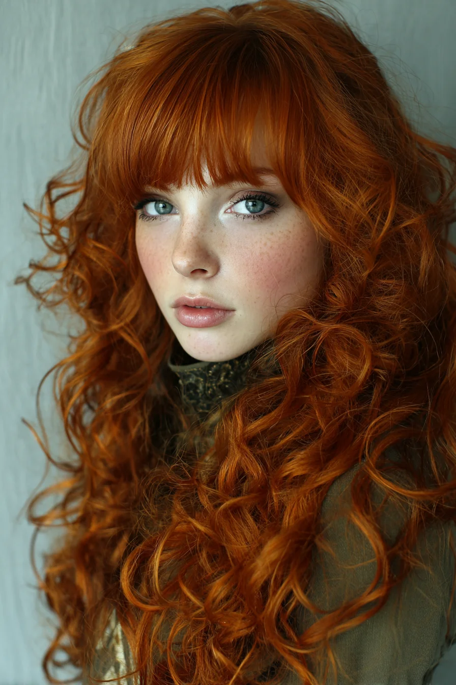 Long Layered Curls with Blunt Fringe — Voluminous Red Curly Look