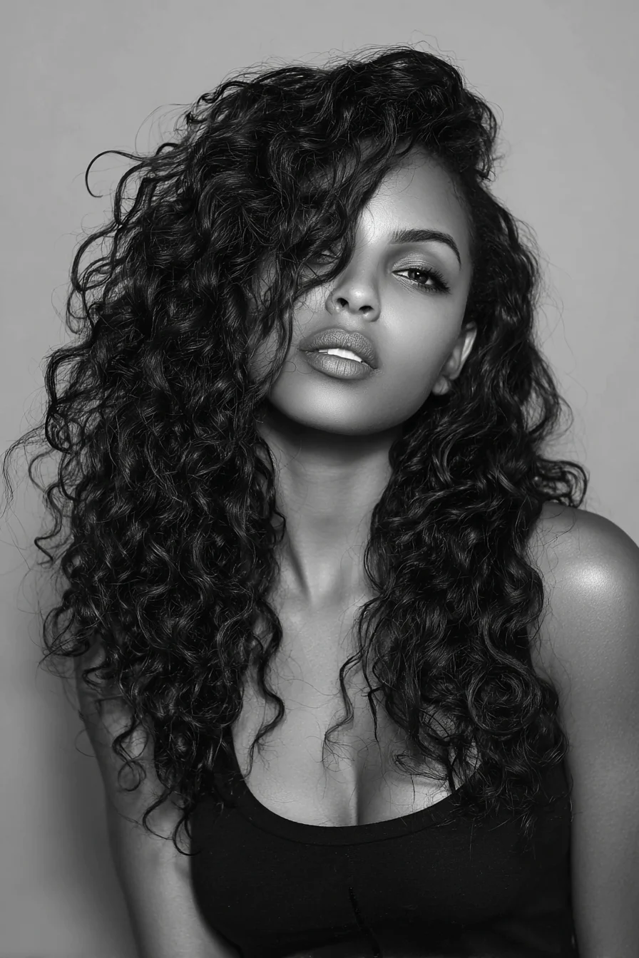 Long Layered Curly Hair — Side‑Swept Volume and Defined Curls
