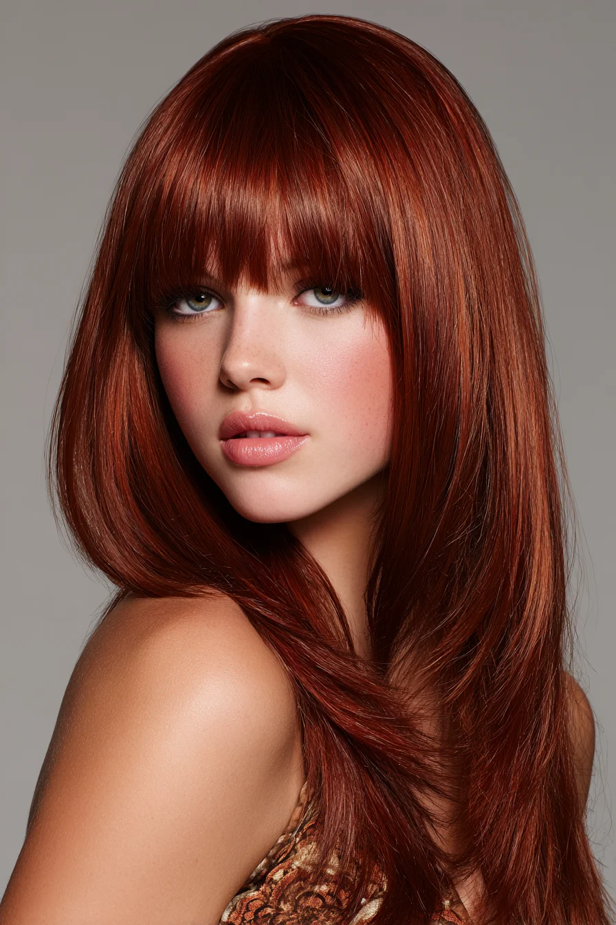 Long Layered Cut with Blunt Fringe in Glossy Auburn