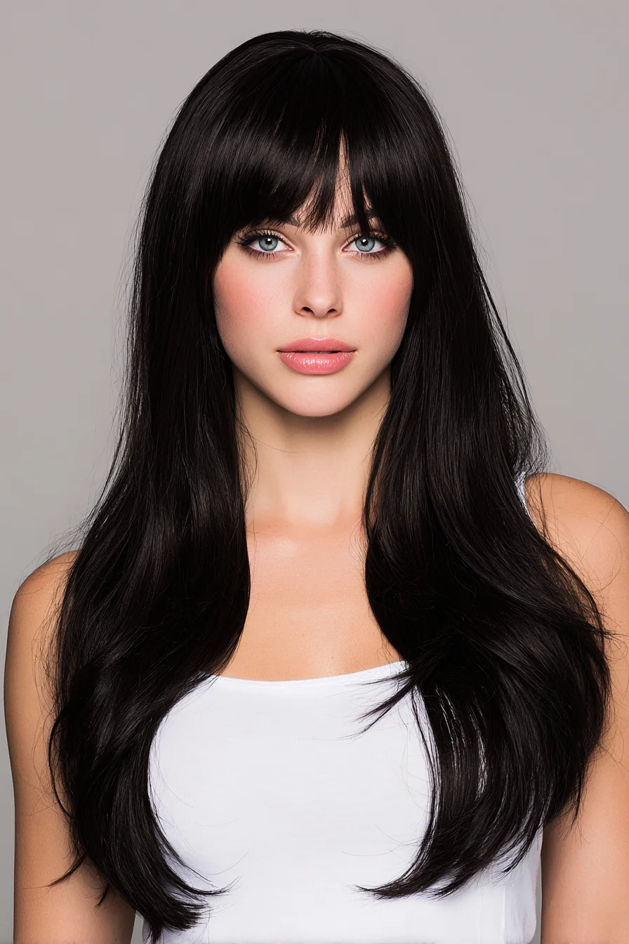 Long Layered Cut with Blunt Fringe — Sleek Straight Styling