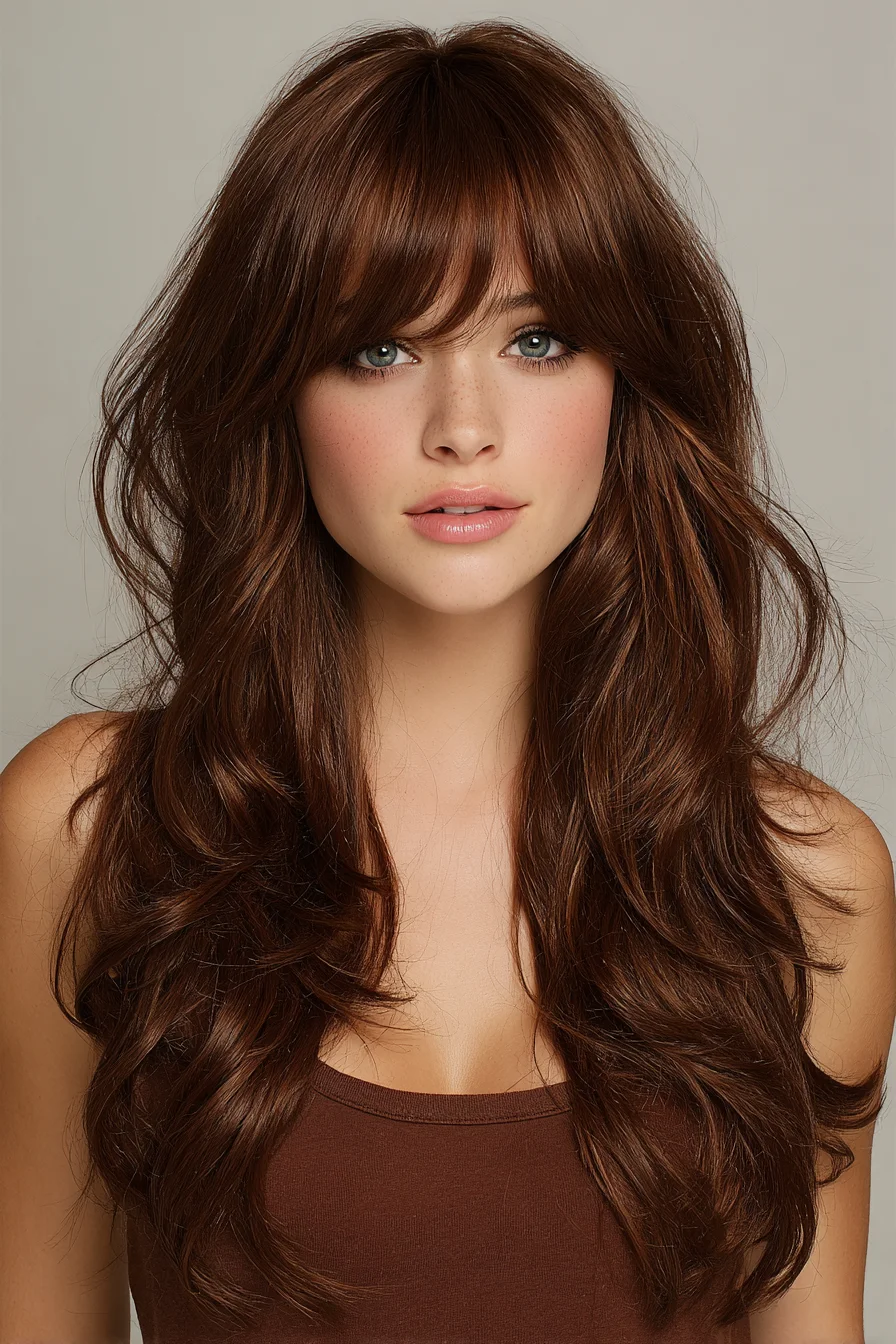 Long Layered Cut with Curtain Bangs and Feathered Ends