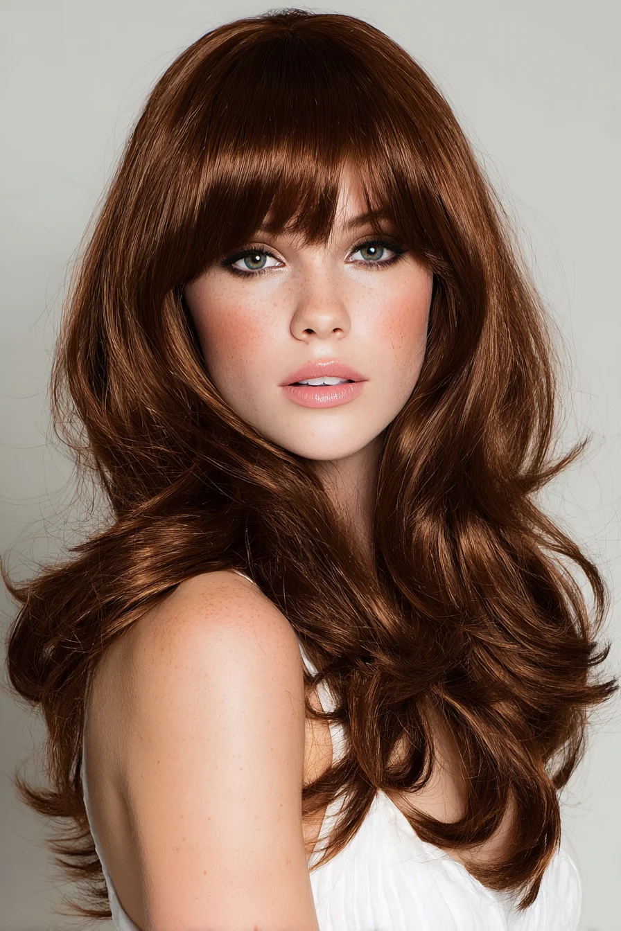 Long Layered Cut with Curtain Bangs and Voluminous Blowout