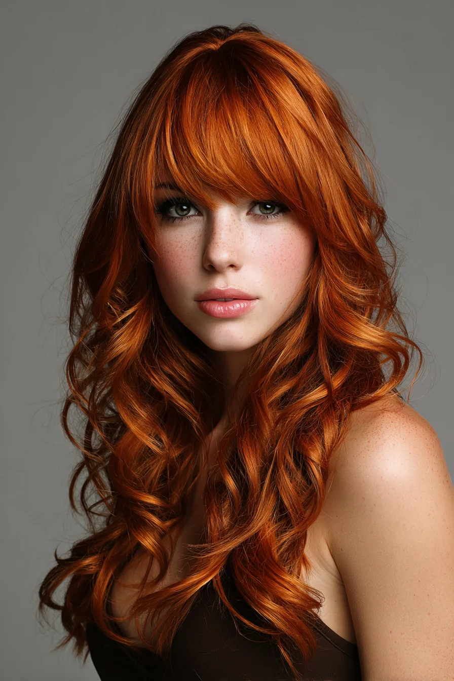 Long Layered Cut with Full Bangs and Soft Beachy Waves (Red Hair)