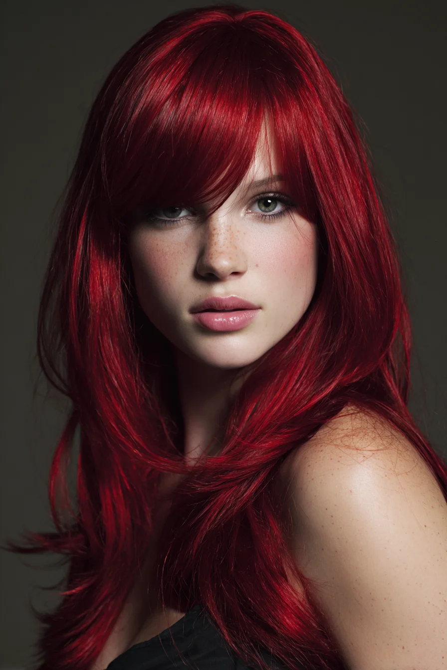 Long Layered Cut with Side‑Swept Fringe in Vibrant Red