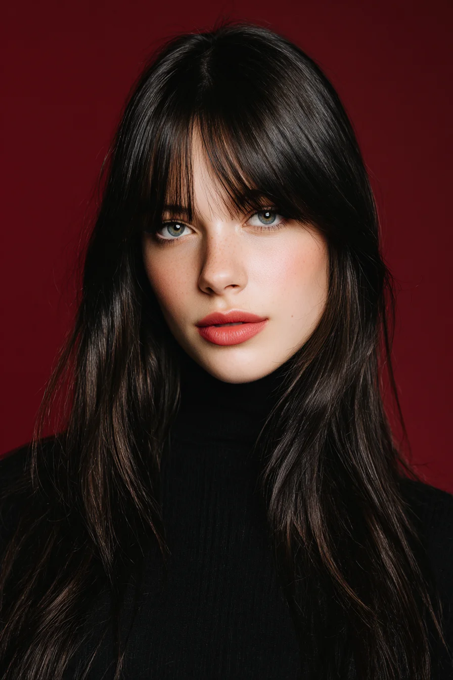 Long Layered Cut with Soft Curtain Bangs — Sleek Natural Texture