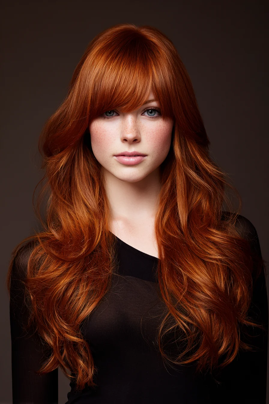 Long Layered Cut with Soft Waves and Full Curtain Fringe — Copper Red