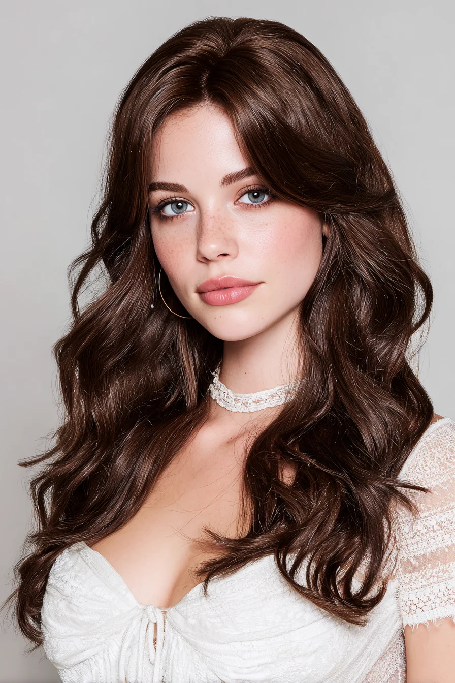 Long Layered Hair with Curtain Bangs and Soft Salon Waves