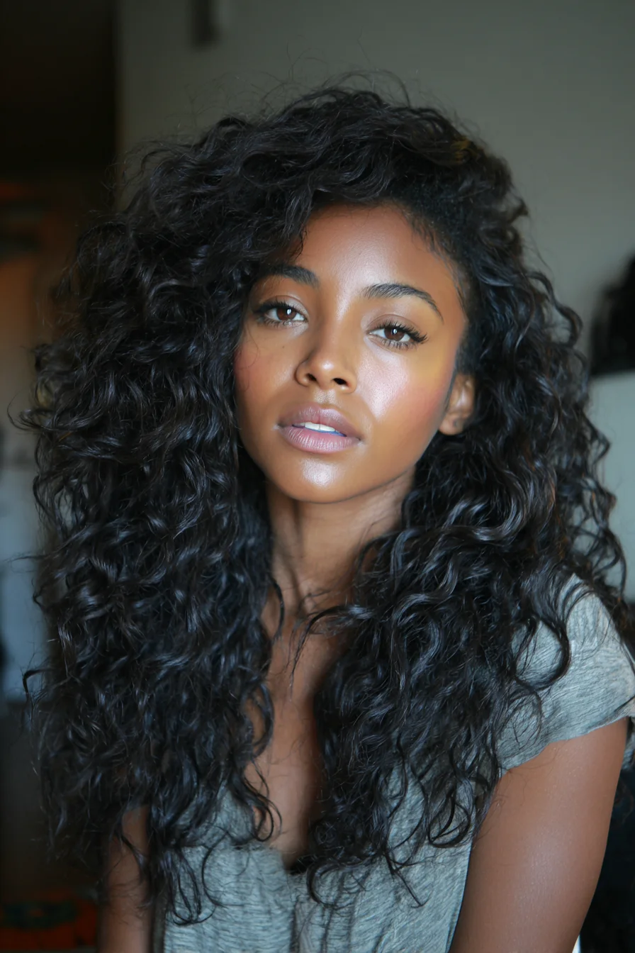Long Layered Natural Curls — Voluminous Side Part
