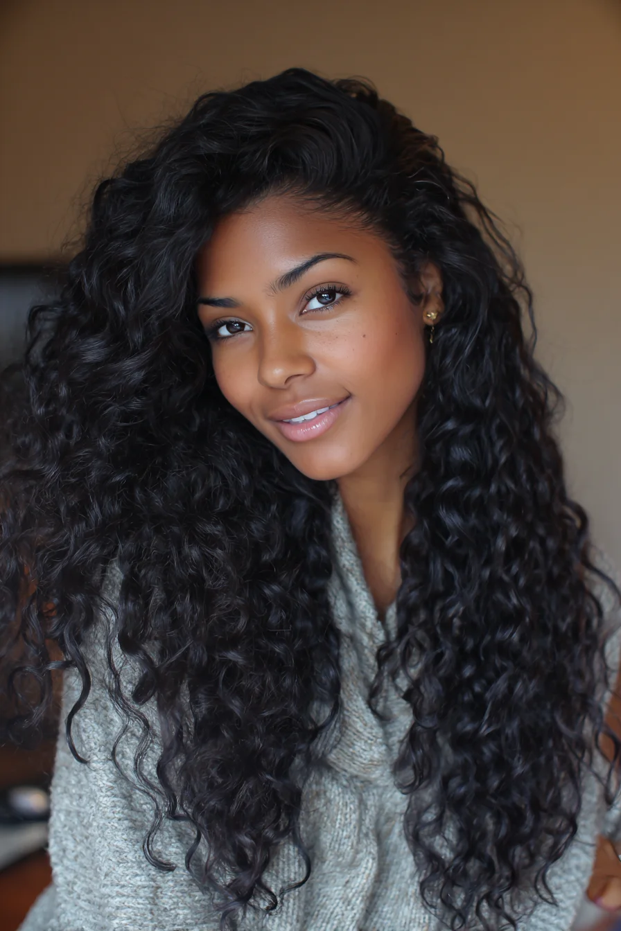 Long Layered Natural Curls with Deep Side Part
