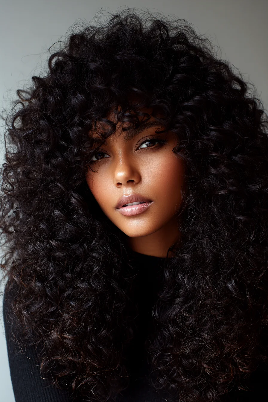 Long Layered Natural Curls with Wispy Fringe