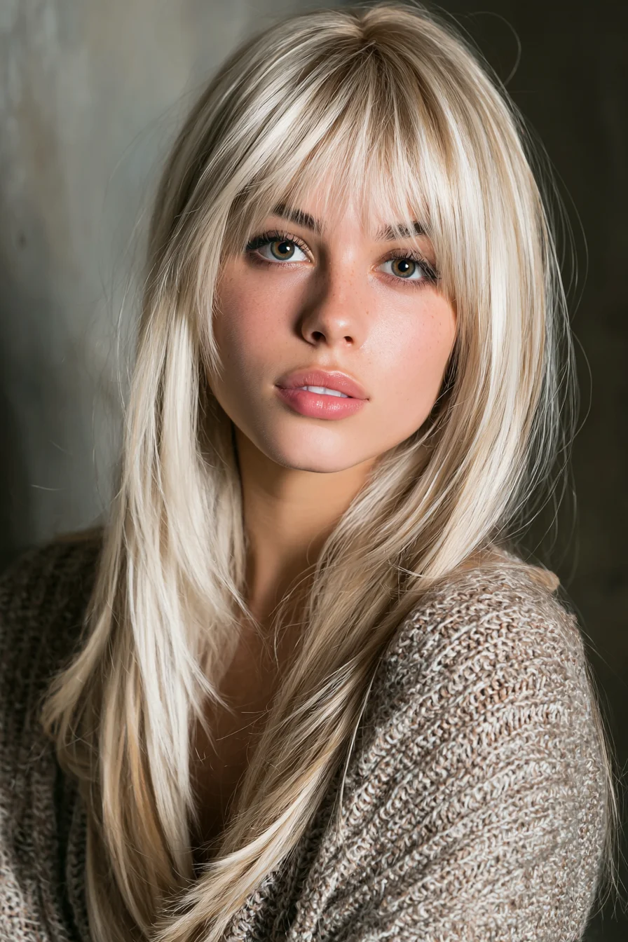 Long Layered Platinum Blonde with Wispy Curtain Bangs