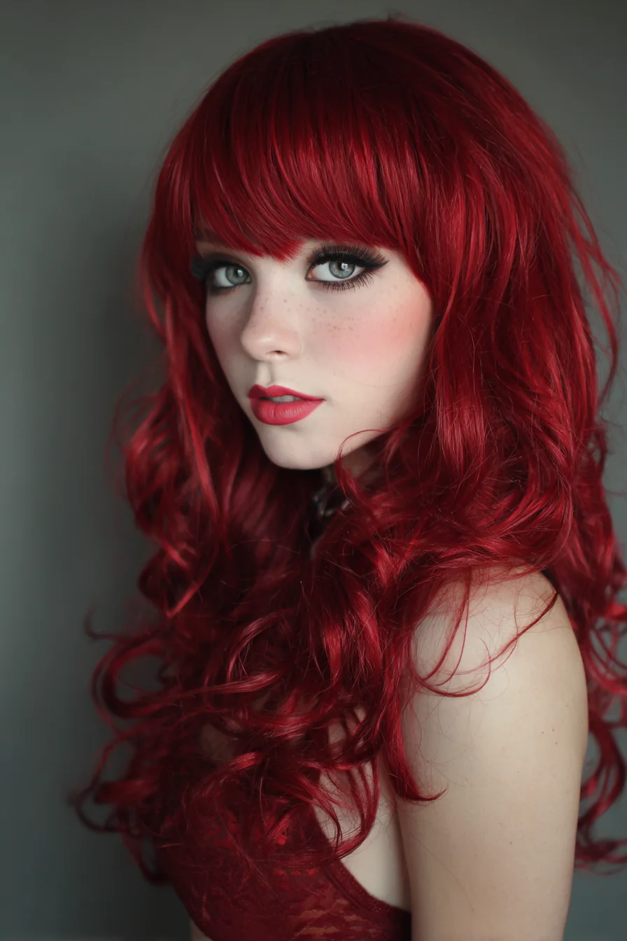 Long Layered Red Curls with Blunt Fringe