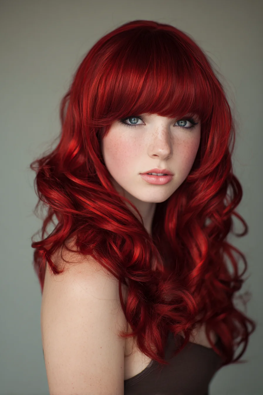 Long Layered Red Hair with Blunt Fringe and Soft Voluminous Waves