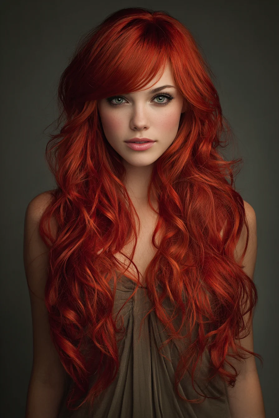 Long Layered Red Hair with Curtain Bangs and Soft Waves