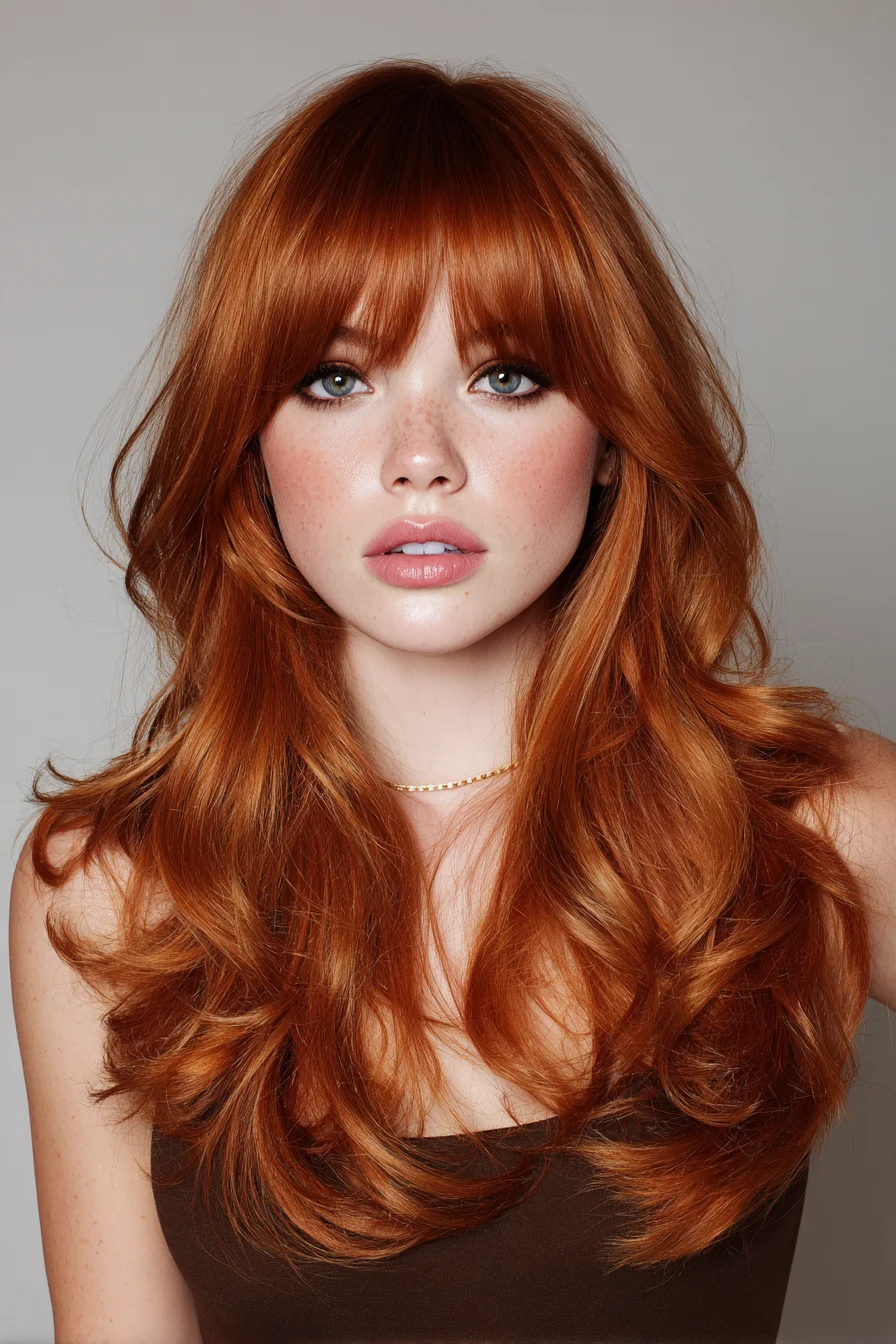 Long Layered Red Hair with Curtain Bangs