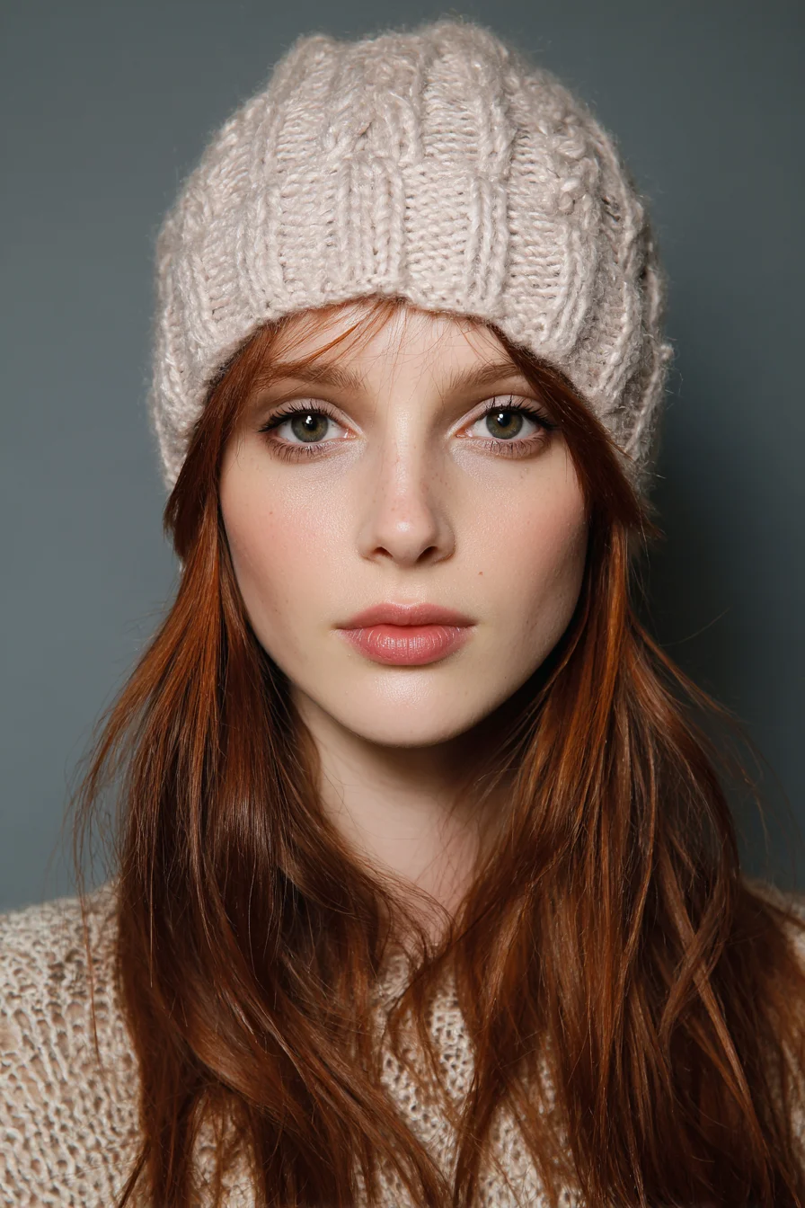 Long Layered Red Hair with Soft Curtain Bangs — Beanie-Friendly Style
