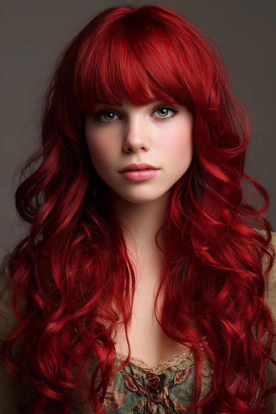 Long Layered Red Waves with Blunt Fringe — Textured Salon Cut