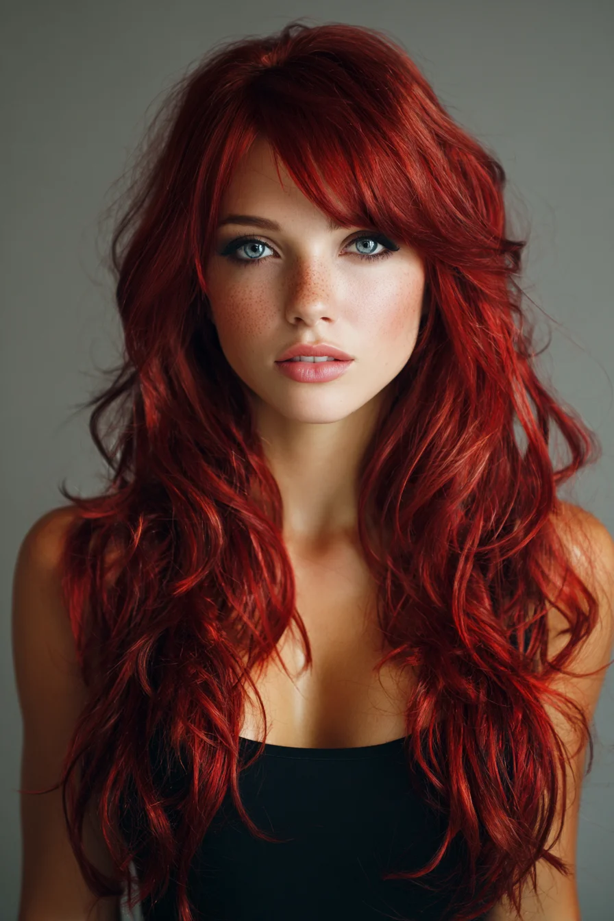 Long Layered Red Waves with Face‑Framing Bangs
