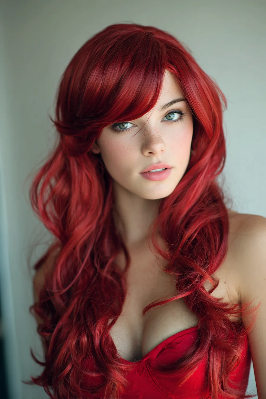 Long Layered Red Waves with Face‑Framing Side‑Swept Fringe