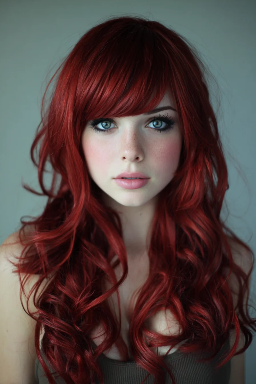 Long Layered Red Waves with Side-Swept Bangs