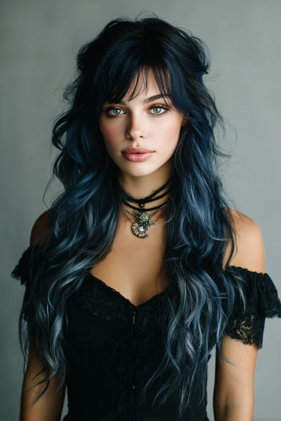 Long Layered Textured Waves with Curtain Bangs — Blue-Black Balayage