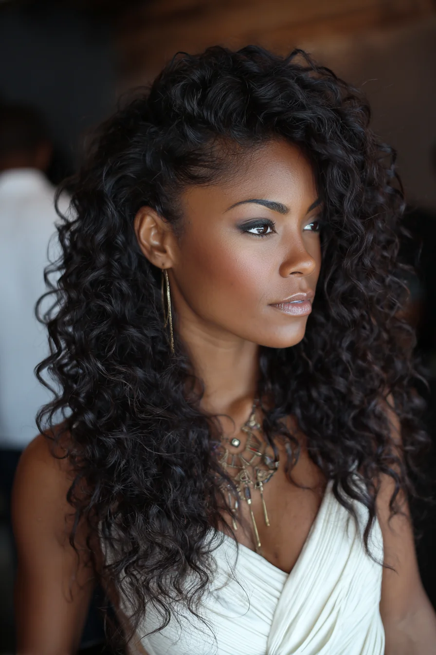 Long Layered Voluminous Curly Hair — Defined Side-Swept Curls