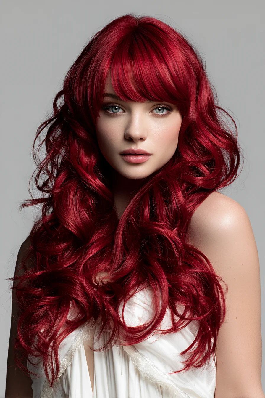 Long Layered Voluminous Waves with Blunt Bangs — Vibrant Red