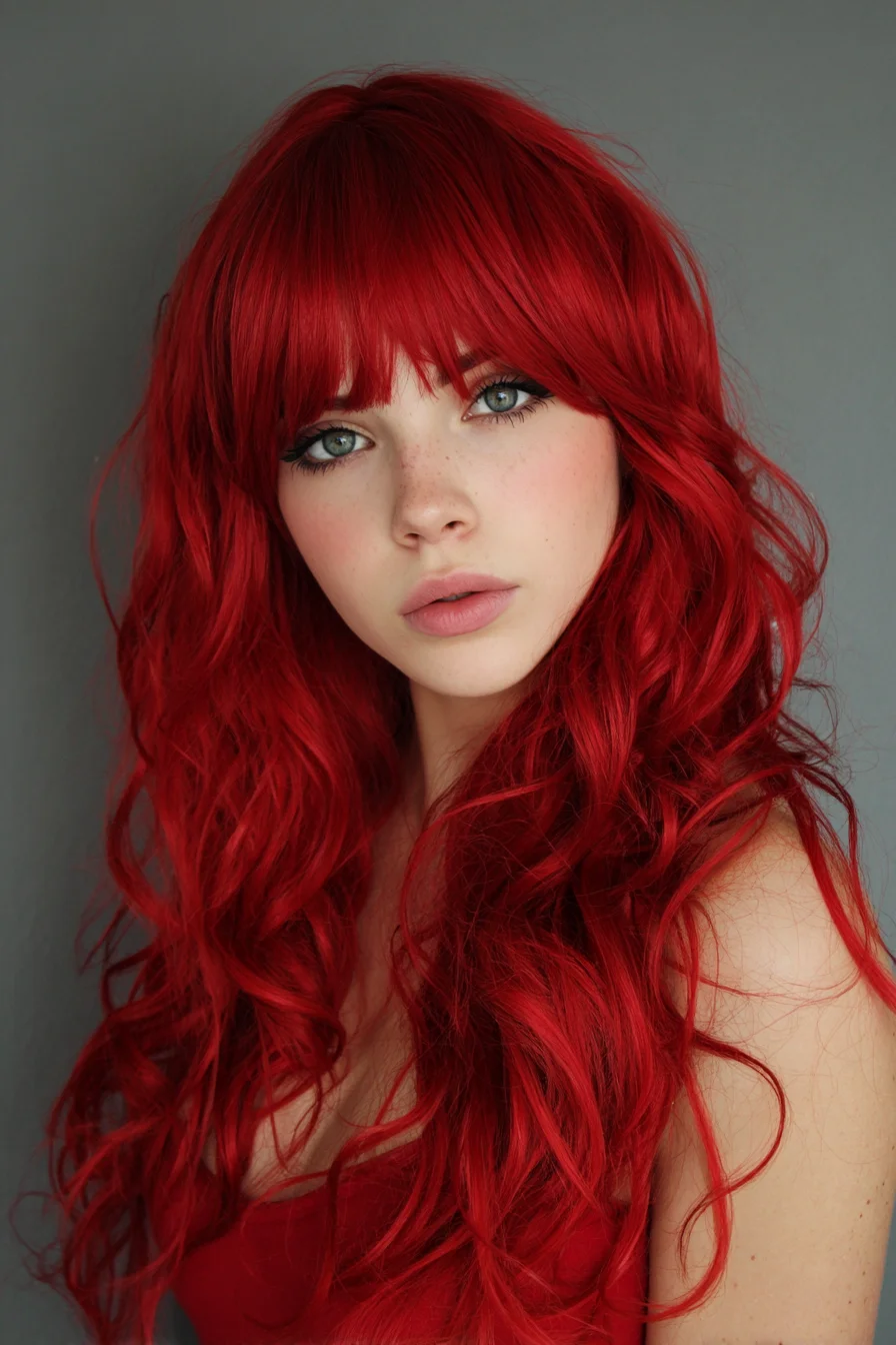 Long Layered Waves with Blunt Fringe — Vibrant Red Texture