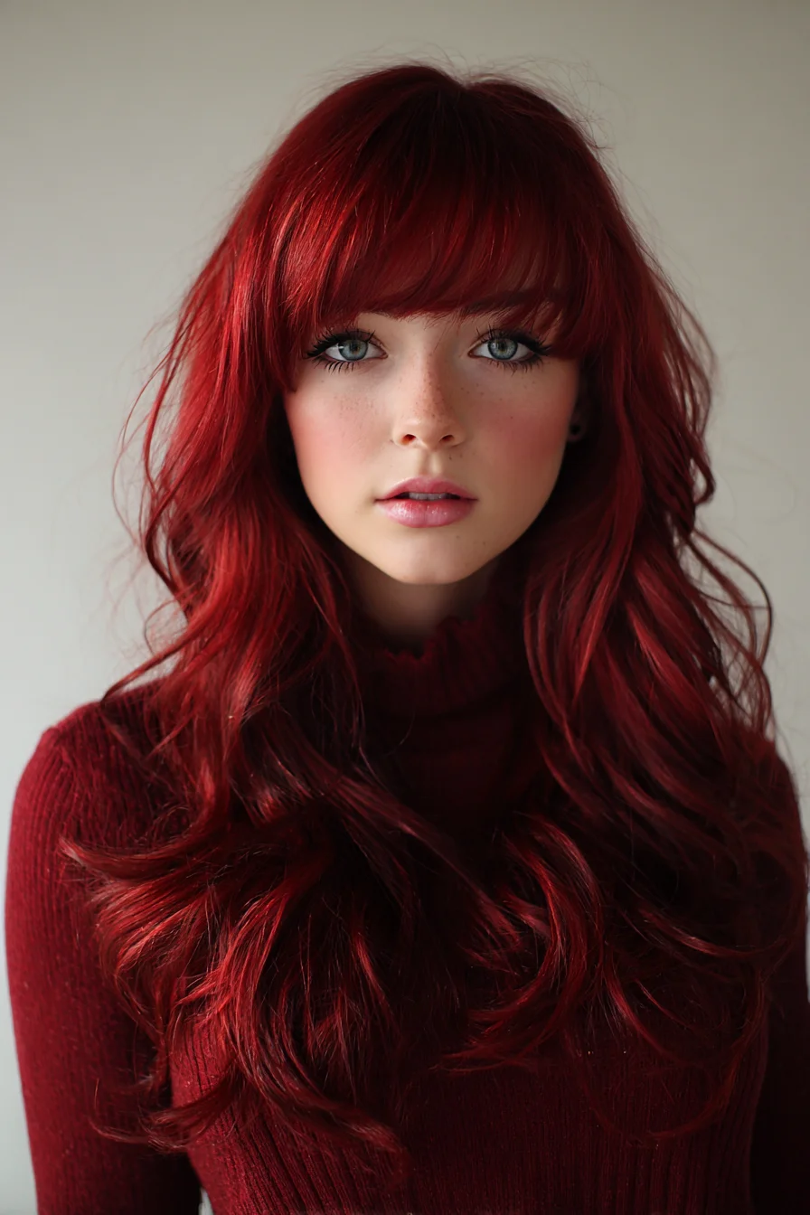 Long Layered Waves with Blunt Fringe — Voluminous Red Hairstyle