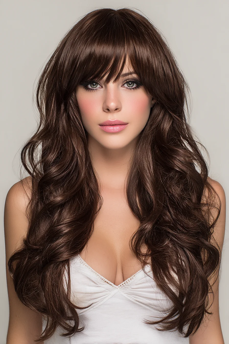 Long Layered Waves with Curtain Bangs — Soft Face‑Framing Glam