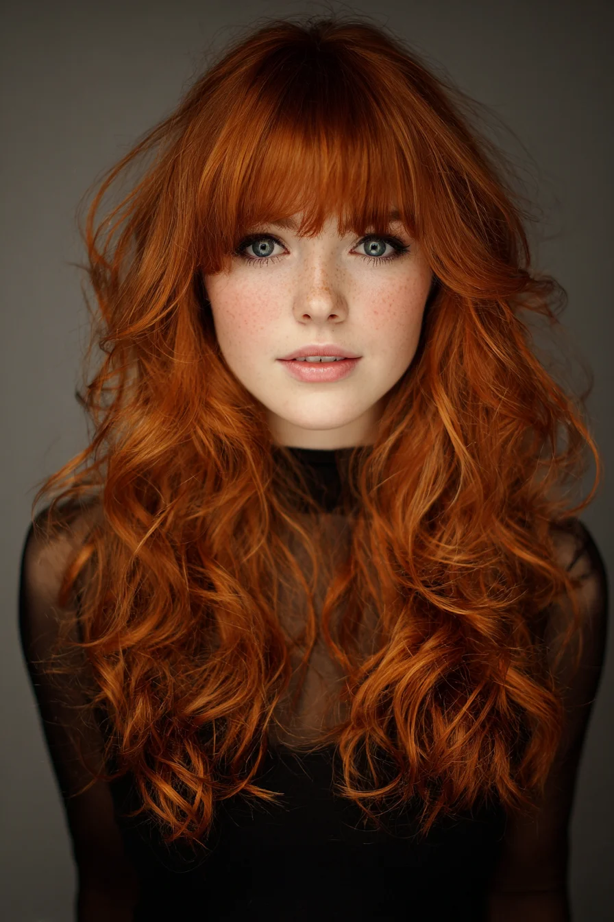 Long Layered Waves with Curtain Bangs — Tousled Red Hair Texture