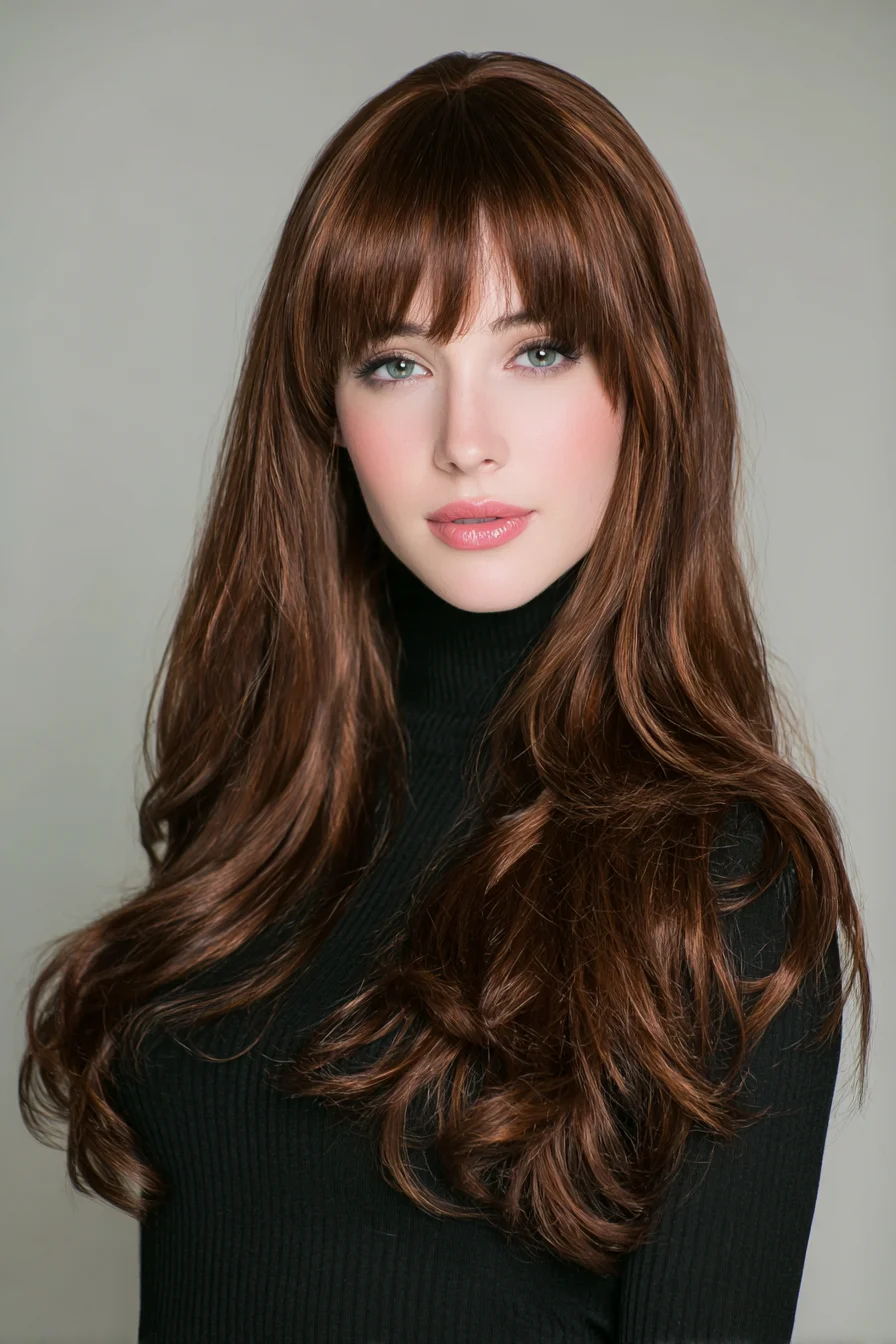 Long Layered Waves with Full Fringe — Soft Brunette Look