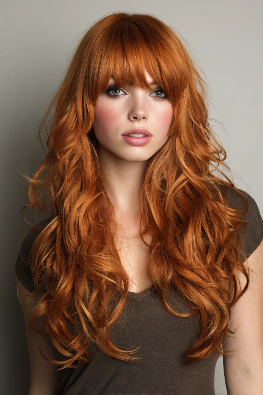 Long Layered Waves with Full Fringe — Textured Copper Haircut