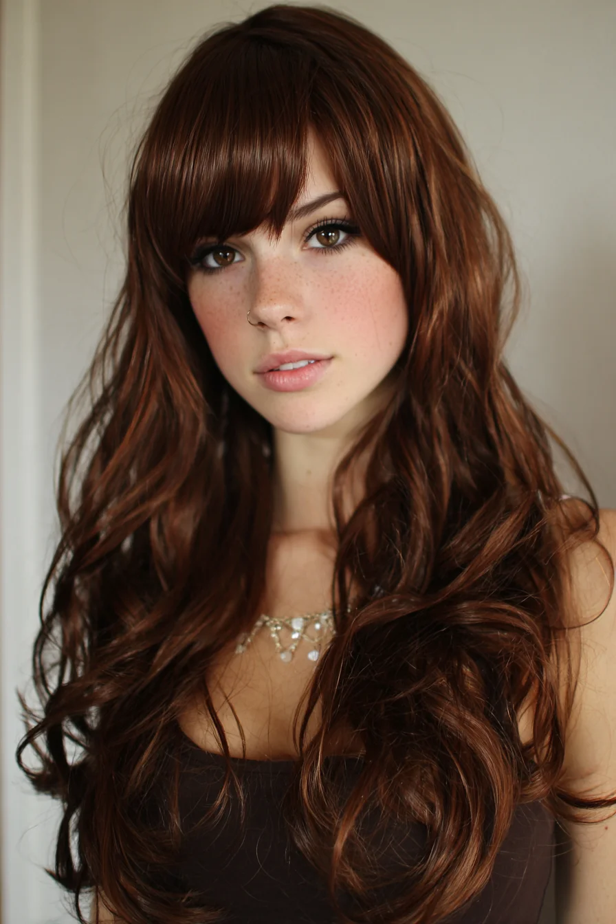 Long Layered Waves with Full Rounded Bangs — Soft Brunette Texture
