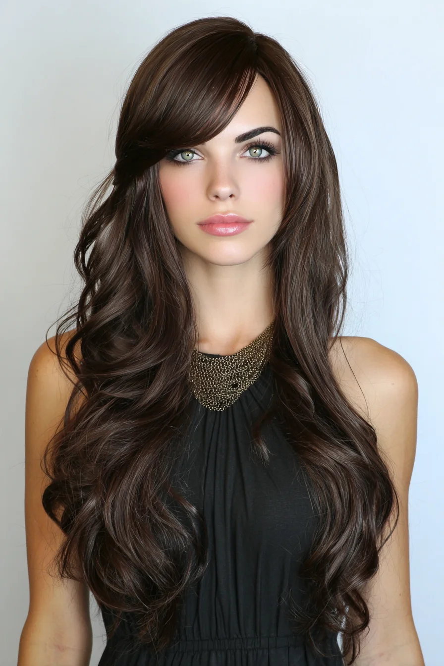 Long Layered Waves with Side‑Swept Bangs — Chocolate Brown, Face‑Framing Layers
