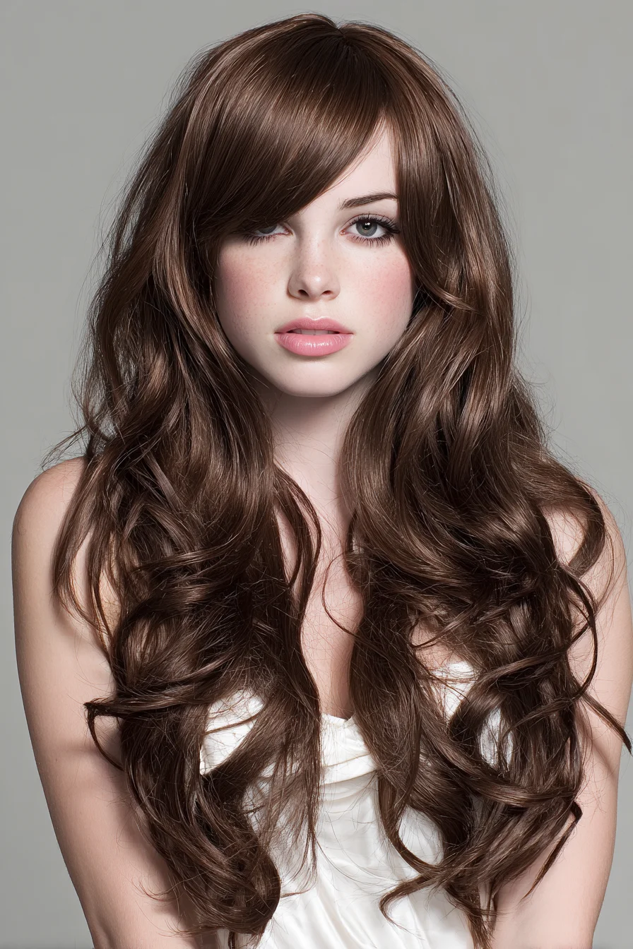Long Layered Waves with Side‑Swept Bangs