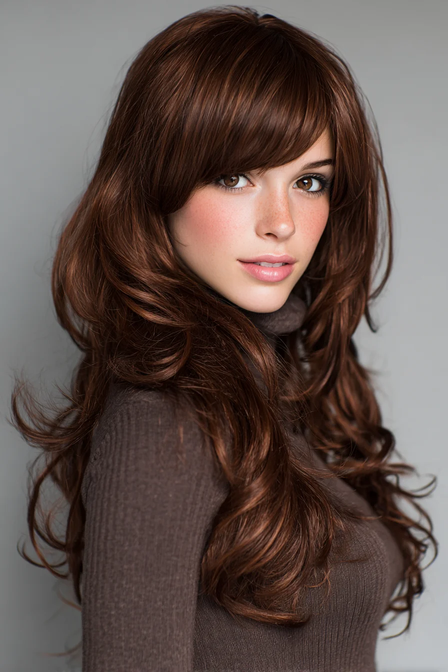 Long Layered Waves with Soft Curtain Bangs — Voluminous Chocolate Brown Style