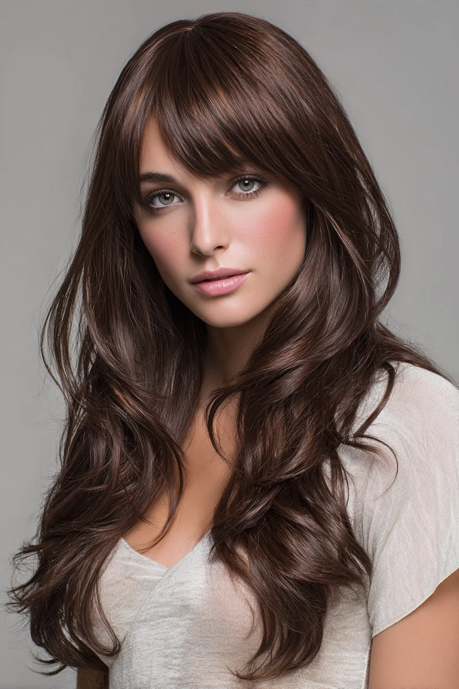 Long Layered Waves with Soft Curtain Bangs