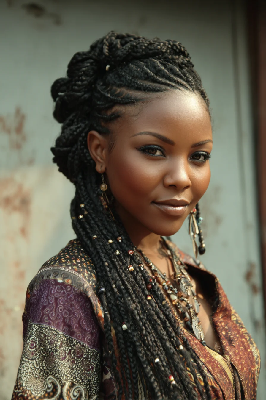 Long Micro Box Braids with Half-Up Bun and Decorative Beads