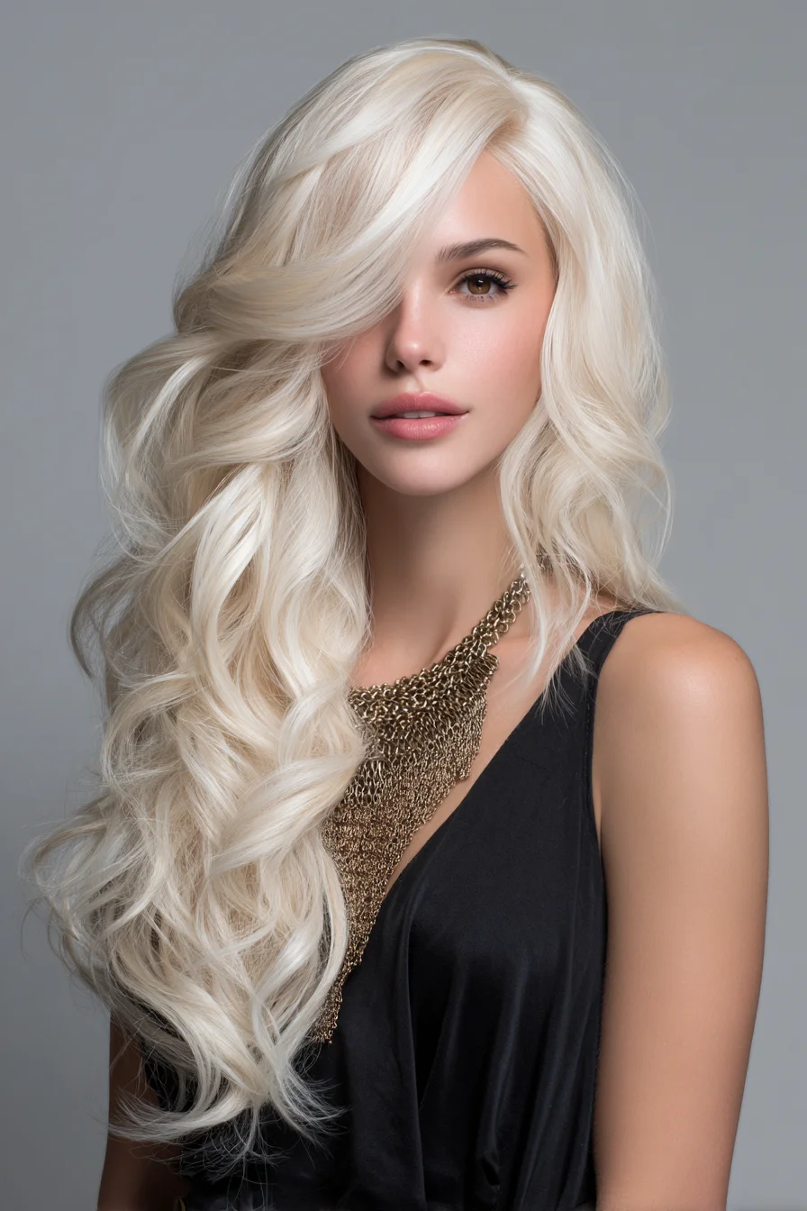 Long Platinum Blonde Layered Waves with Side-Swept Fringe