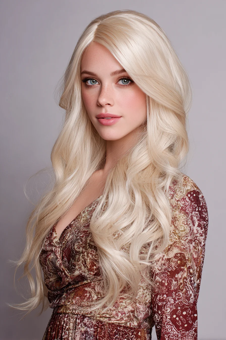 Long Platinum Blonde Layers with Soft Face‑Framing Waves