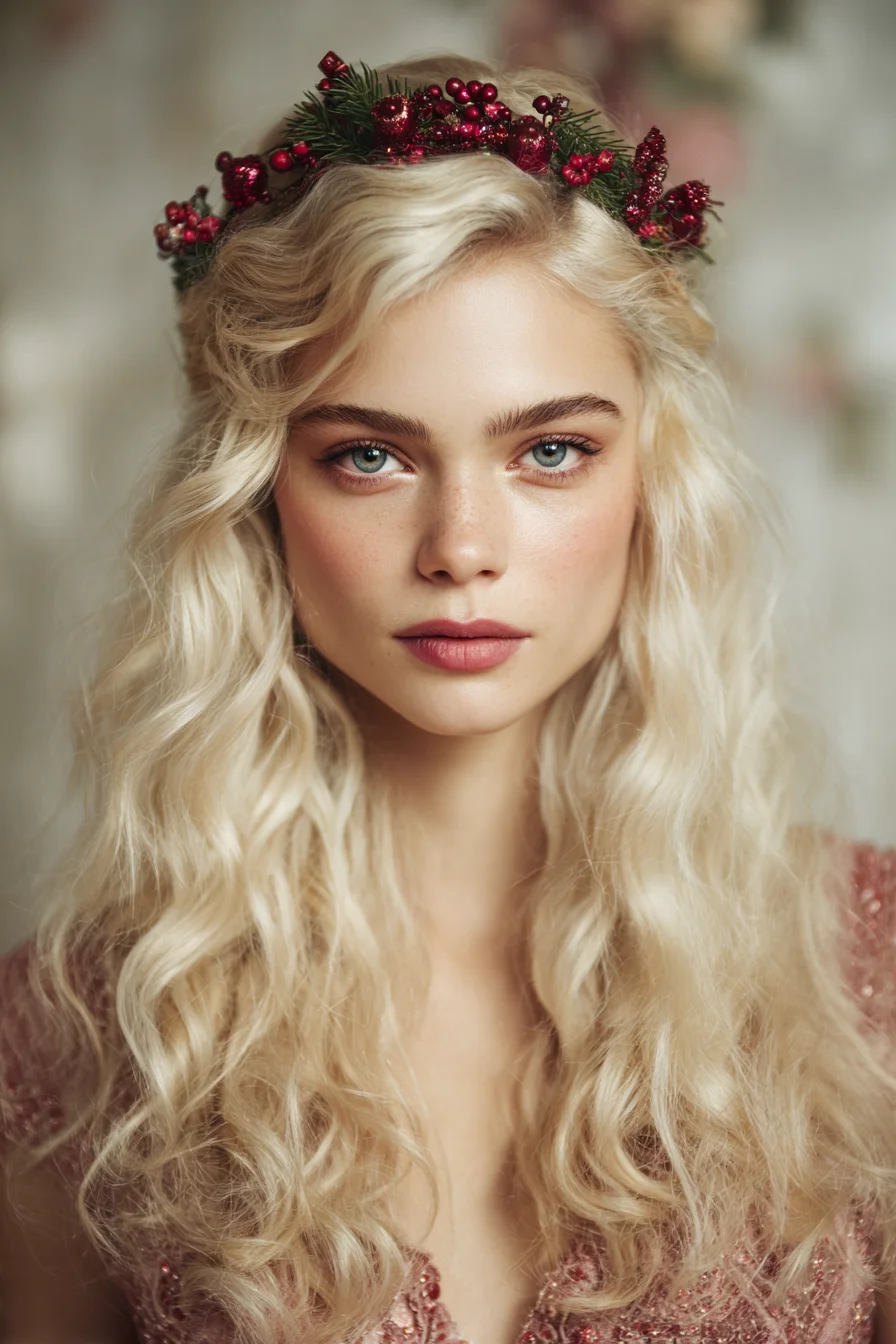 Long Platinum Loose Waves with Festive Floral Crown